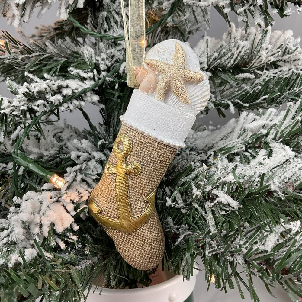 Christmas Ornament- Gold And White Stocking With Shells Ornament-Cape Shore